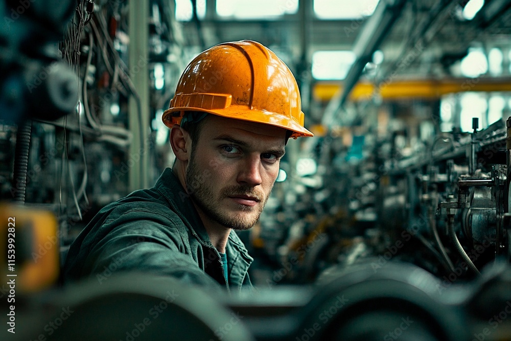 Focused worker engaged in machinery maintenance in an industrial setting during daylight hours Focused worker engaged in machinery maintenance in an industrial setting during daylight hours