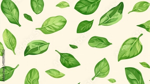 Falling green leaves on a beige background.