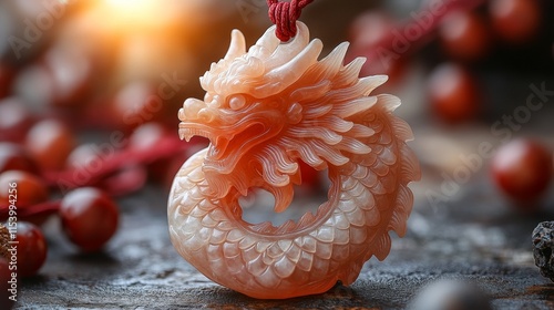 Intricate Carved Dragon Pendant on a Textured Surface