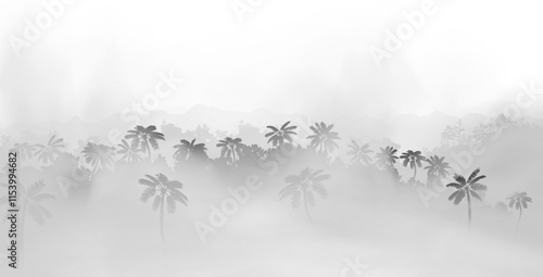 Beautiful rainforest inside the fog clouds. Vector jungle hazy landscape. The group of south trees with palms and plants lost inside the mist. Black and white sillhouete illustration