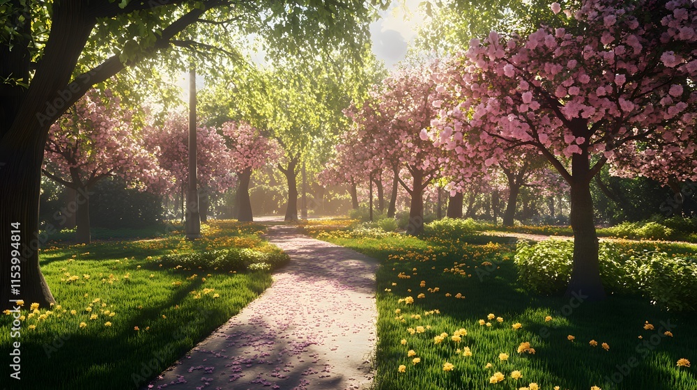 Fototapeta premium A peaceful park with trees starting to bloom symbolizing the arrival of new growth