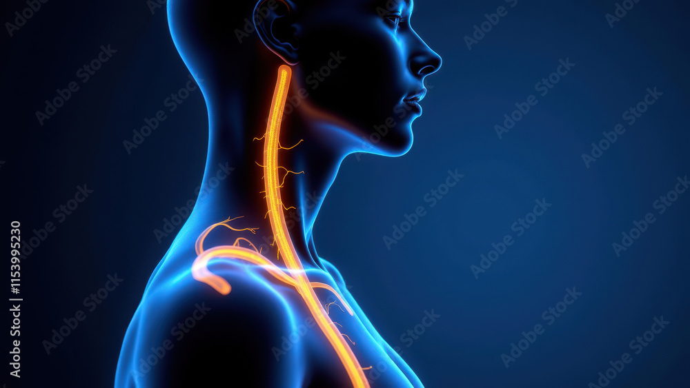 Image showing the effects of Vagus Nerve Stimulation on a human neck with highlighted nerve pathways. Image showing the effects of Vagus Nerve Stimulation on a human neck with highlighted nerve pathways.