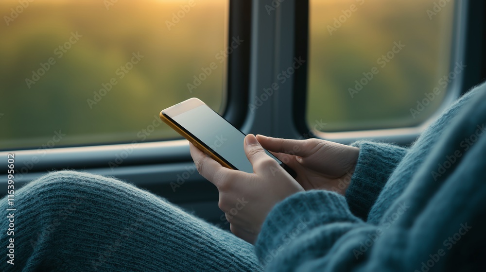A person relaxes while using a smartphone by a window, enjoying the scenic view outside. The warm light creates a cozy atmosphere, perfect for digital connection and leisure. A person relaxes while using a smartphone by a window, enjoying the scenic view outside. The warm light creates a cozy atmosphere, perfect for digital connection and leisure.