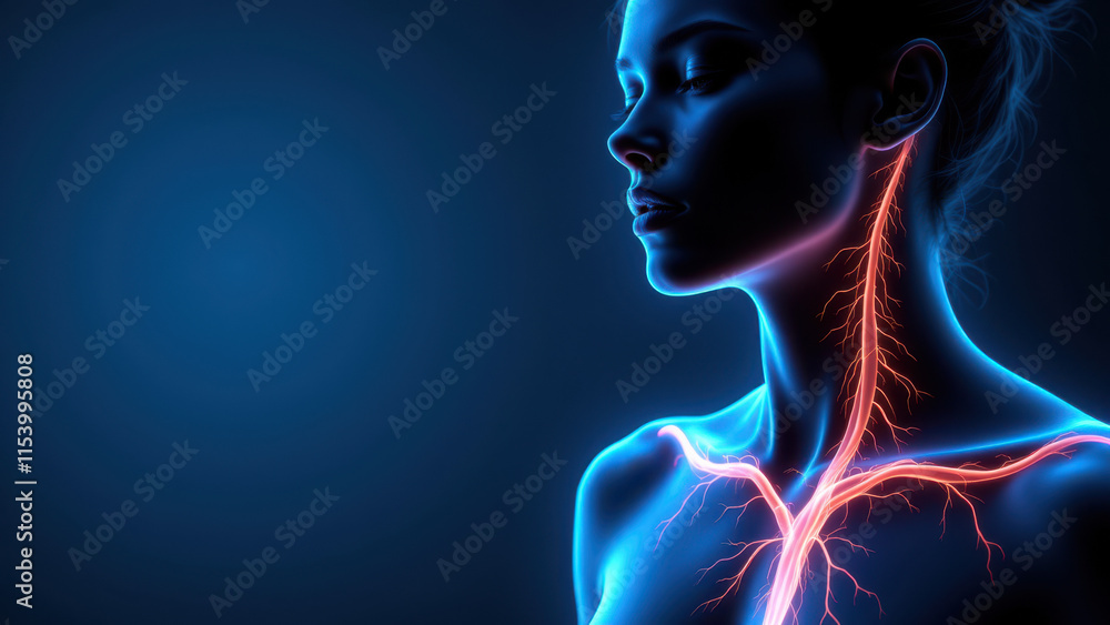 Illustration showing a woman's head with highlighted Vagus Nerve Stimulation (VNS) for medical or educational purposes. Illustration showing a woman's head with highlighted Vagus Nerve Stimulation (VNS) for medical or educational purposes.
