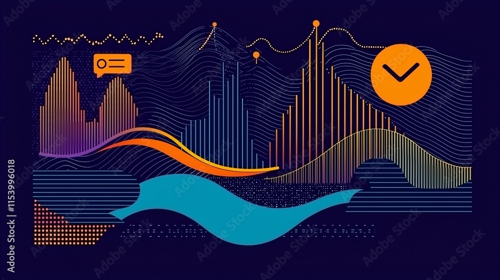 Obraz premium Abstract data visualization with graphs, charts, and waves.