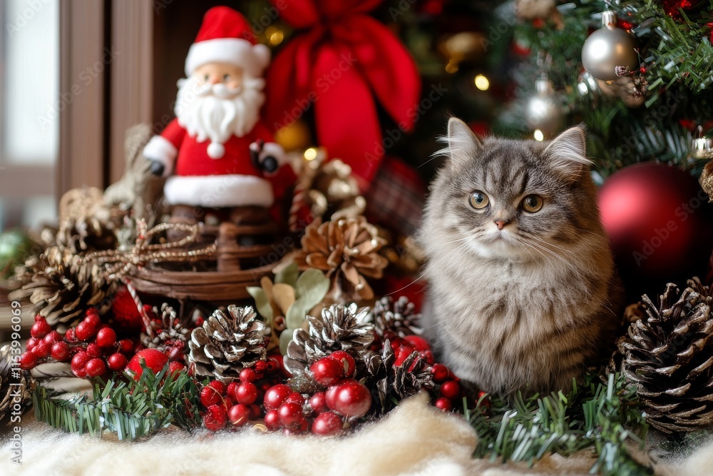 Fluffy little cat in festive Christmas decor with pinecones and Santa ornaments Fluffy little cat in festive Christmas decor with pinecones and Santa ornaments