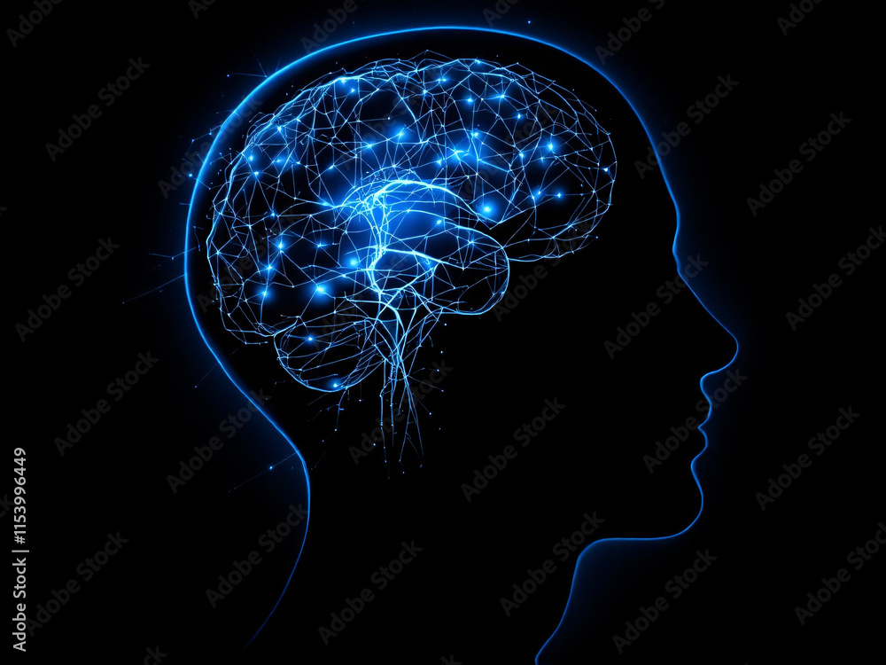 Obraz premium Silhouette of a human head with an illuminated brain and neural network, depicting cognitive activity.