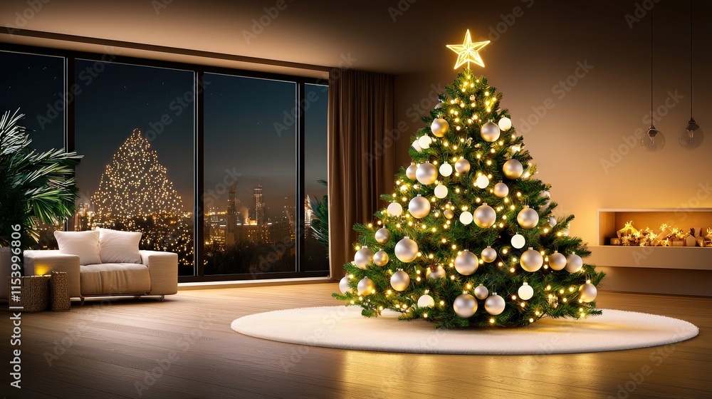 Fototapeta premium A beautifully decorated Christmas tree with twinkling lights, ornaments, and a star on top, set against a cozy holiday living room backdrop.