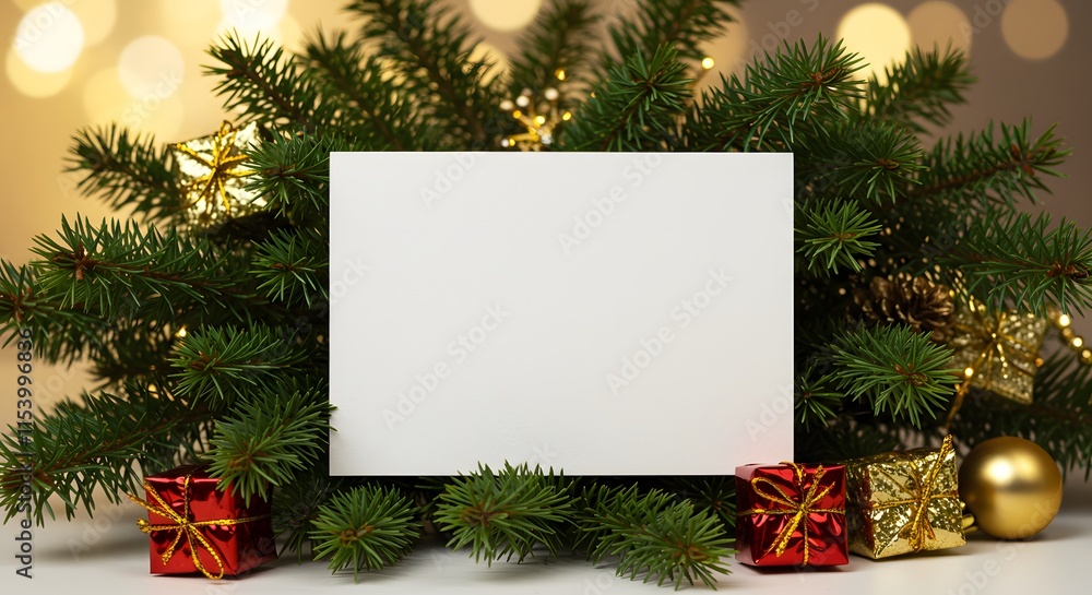 Holiday background with fir twigs and blank paper invitation card. christmas or new year frame composition. holiday and celebration concept for postcard or invitation. top view. flat lay Holiday background with fir twigs and blank paper invitation card. christmas or new year frame composition. holiday and celebration concept for postcard or invitation. top view. flat lay