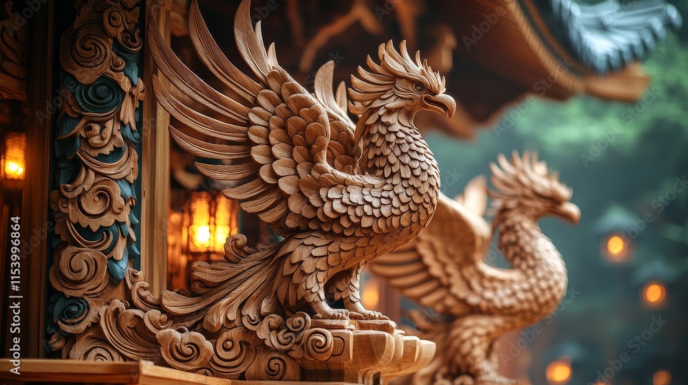 Fototapeta premium Intricate wooden phoenix sculptures in serene setting