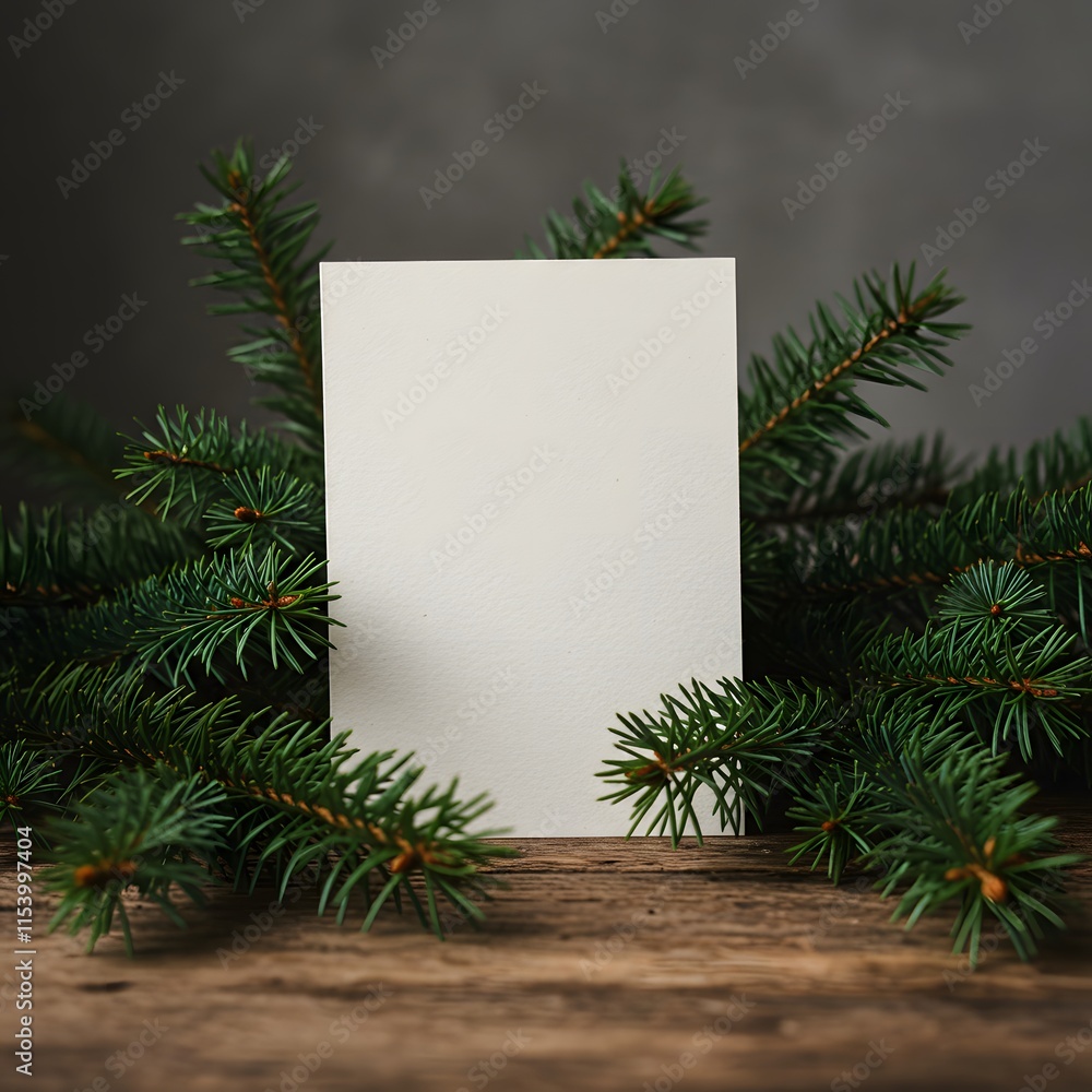 Fototapeta premium Holiday background with fir twigs and blank paper invitation card. christmas or new year frame composition. holiday and celebration concept for postcard or invitation. top view. flat lay