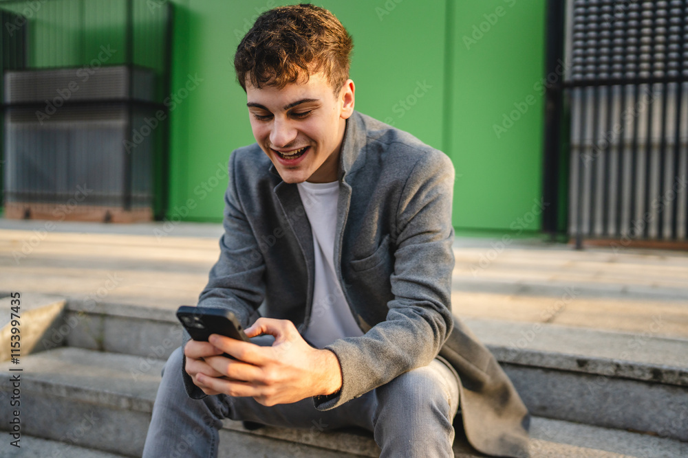 young cheerful man use cellphone sit on staircase behind green wall young cheerful man use cellphone sit on staircase behind green wall