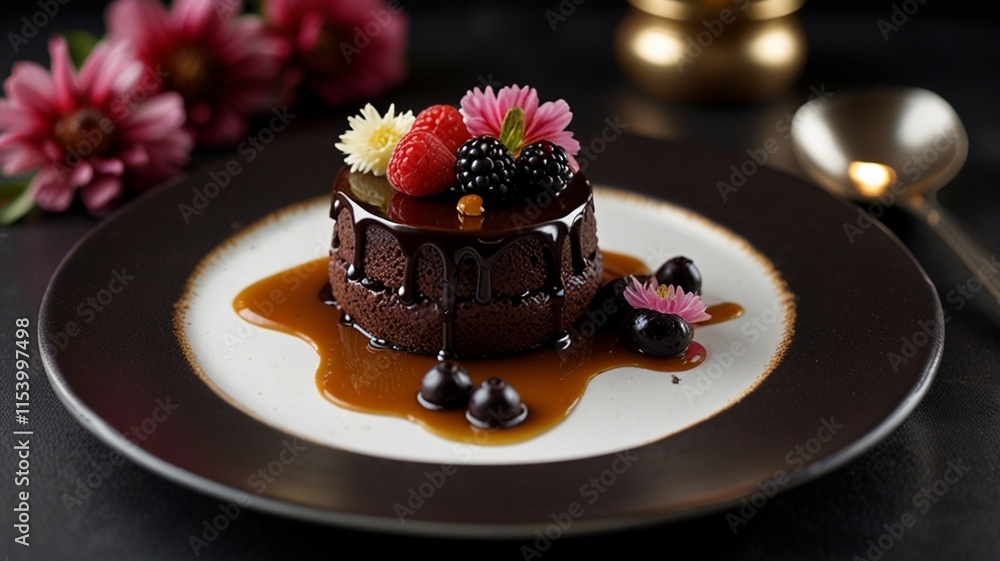 Exquisite Gourmet Dessert with Chocolate Glaze, Whipped Cream, Fresh Berries, and Caramel Drizzle – Elegant Culinary Presentation.