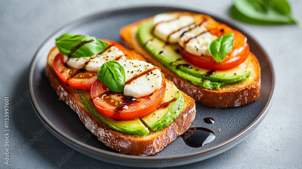 Delicious avocado toast topped with fresh tomatoes and mozzarella on a rustic plate