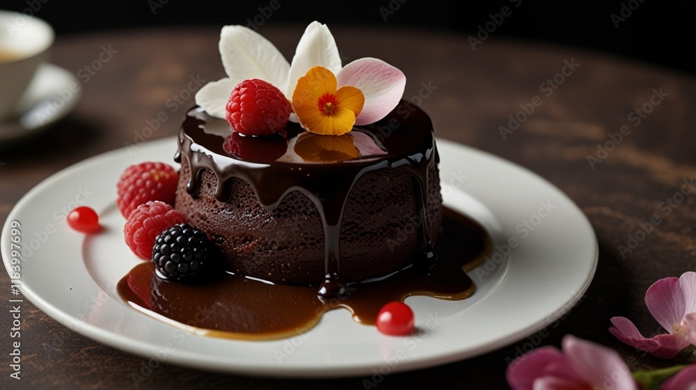 Exquisite Gourmet Dessert with Chocolate Glaze, Whipped Cream, Fresh Berries, and Caramel Drizzle – Elegant Culinary Presentation.