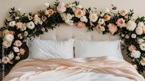 A beautifully styled bed with white pillows and an elegant floral headboard made of soft peach and white flowers. photo