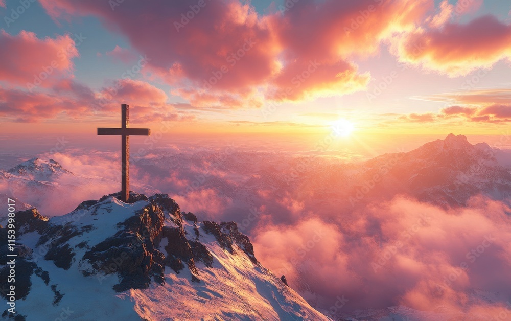 A cross on the mountain with a stunning sky and clouds during a beautiful sunrise, featuring ample space for text, cinematic lighting, and a hyper-realistic photographic rendering. A cross on the mountain with a stunning sky and clouds during a beautiful sunrise, featuring ample space for text, cinematic lighting, and a hyper-realistic photographic rendering.