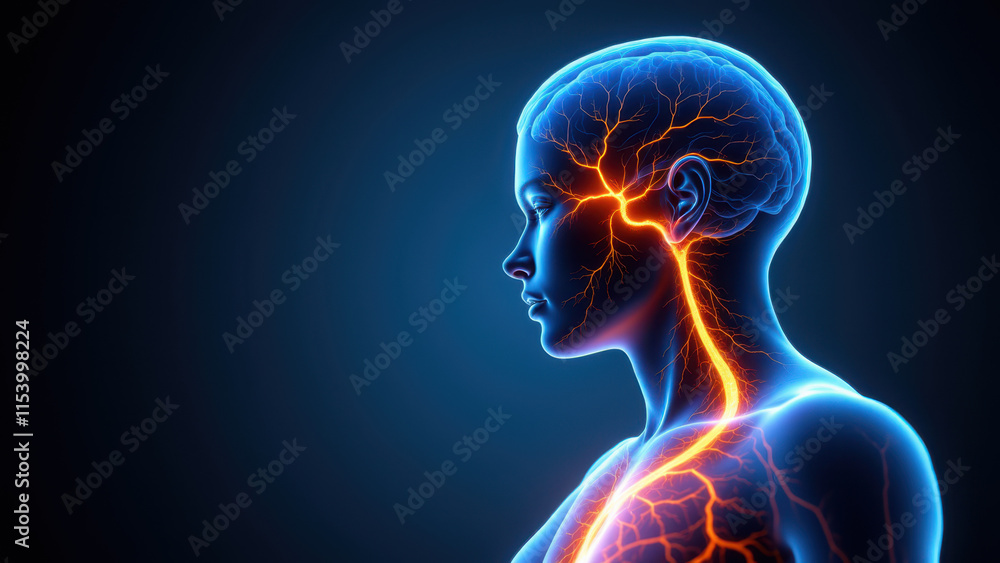 A medical illustration showing a person with a highlighted Vagus Nerve Stimulation (VNS) system in place. A medical illustration showing a person with a highlighted Vagus Nerve Stimulation (VNS) system in place.