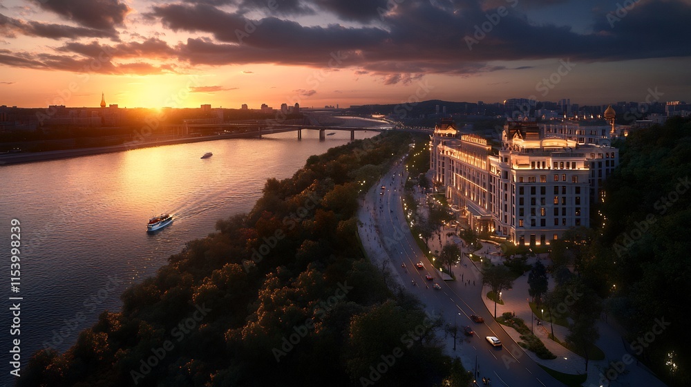 Naklejka premium Luxury Hotel at Sunset Overlooking the River