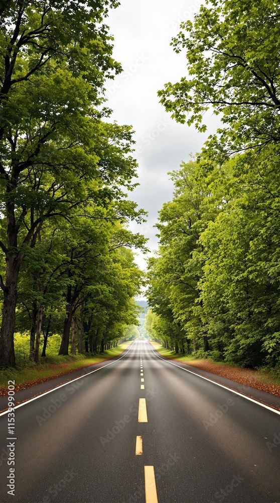 Road stretching into distance with trees and cloudy sky Road stretching into distance with trees and cloudy sky
