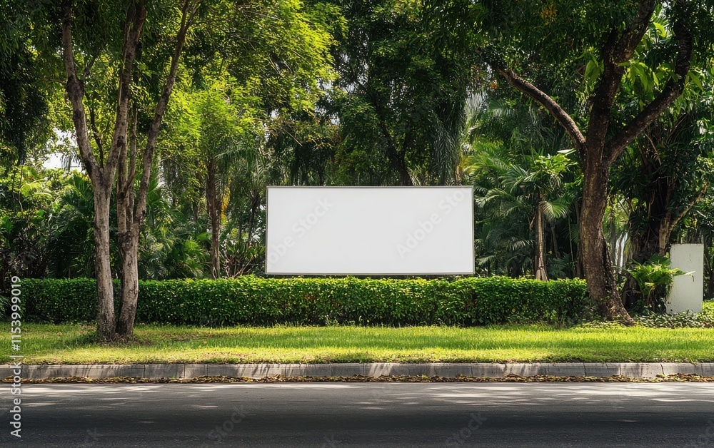 A white, blank billboard beside an asphalt road in Thailand, with lush green grass and trees in the background, positioned at eye level for advertising or promotional content. A white, blank billboard beside an asphalt road in Thailand, with lush green grass and trees in the background, positioned at eye level for advertising or promotional content.