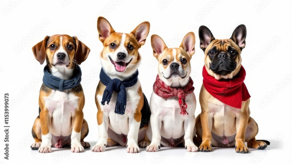 Charming dogs of different breeds (beagle, corgi, French bulldog) with warm scarves on their necks on a white background. Place for text. The concept of caring for animals during the cold season Charming dogs of different breeds (beagle, corgi, French bulldog) with warm scarves on their necks on a white background. Place for text. The concept of caring for animals during the cold season