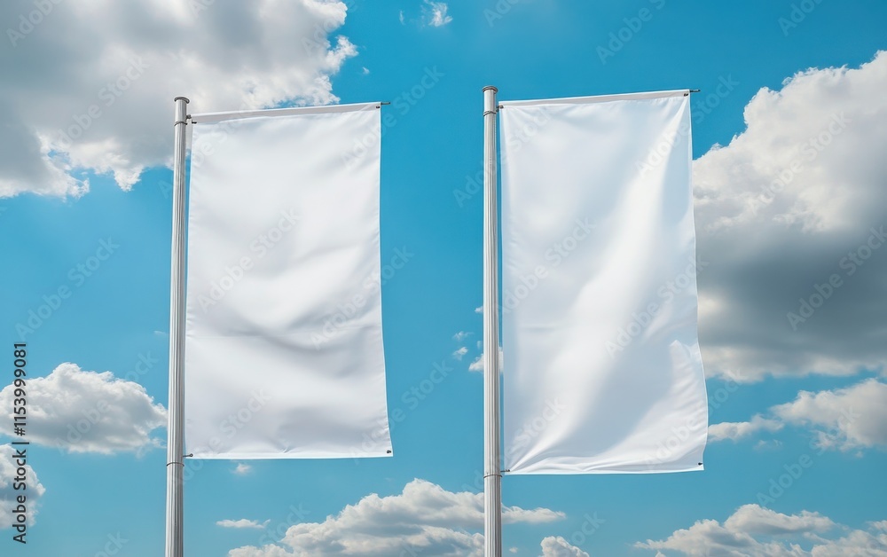 Two white vertical banners swaying in the breeze, placed on a pole with a blue sky and fluffy clouds behind, offering an excellent space for outdoor advertisement mockups. Two white vertical banners swaying in the breeze, placed on a pole with a blue sky and fluffy clouds behind, offering an excellent space for outdoor advertisement mockups.
