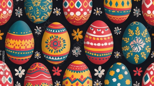 A vibrant pattern of decorated Easter eggs in various colors and designs, set against a dark background featuring floral motifs.