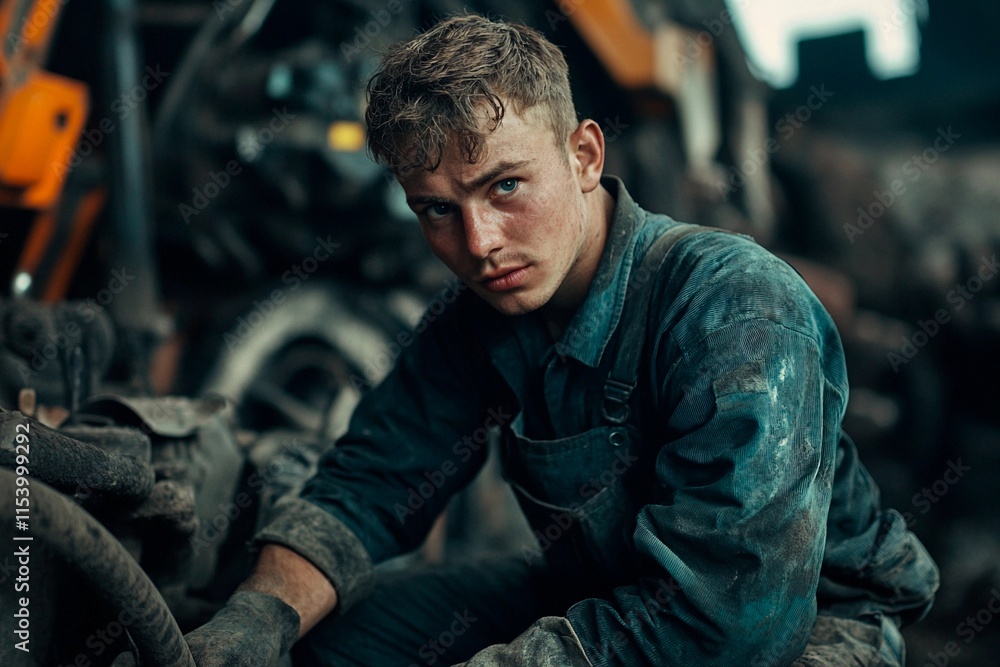 Fototapeta premium Young mechanic intensely focused on repairing machinery in a gritty workshop environment