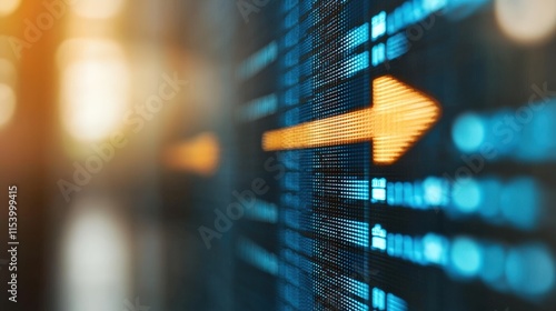 A close-up view of a digital interface featuring glowing data patterns and an orange directional arrow, symbolizing progress and technology.