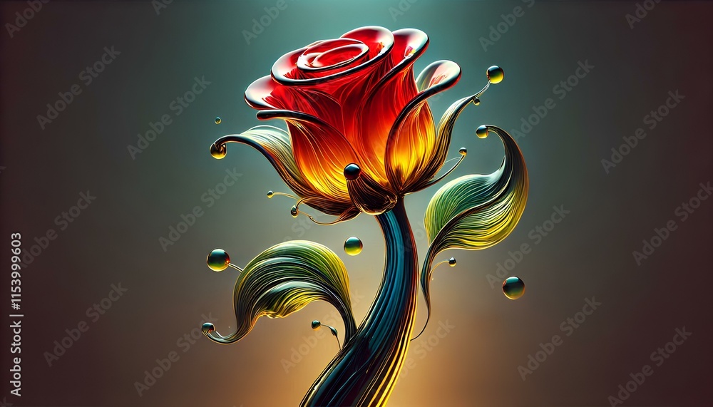 Glass blowing effect on a red and yellow rose with stem. Creating a sculptural work using glass blowing technique. Glass blowing effect on a red and yellow rose with stem. Creating a sculptural work using glass blowing technique.