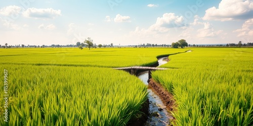 Serene Rural Landscape A Rustic Wooden Bridge Spans a Tranquil Irrigation Ditch Meandering Through Lush Green Rice Paddies Under a Bright Sunny Sky photo