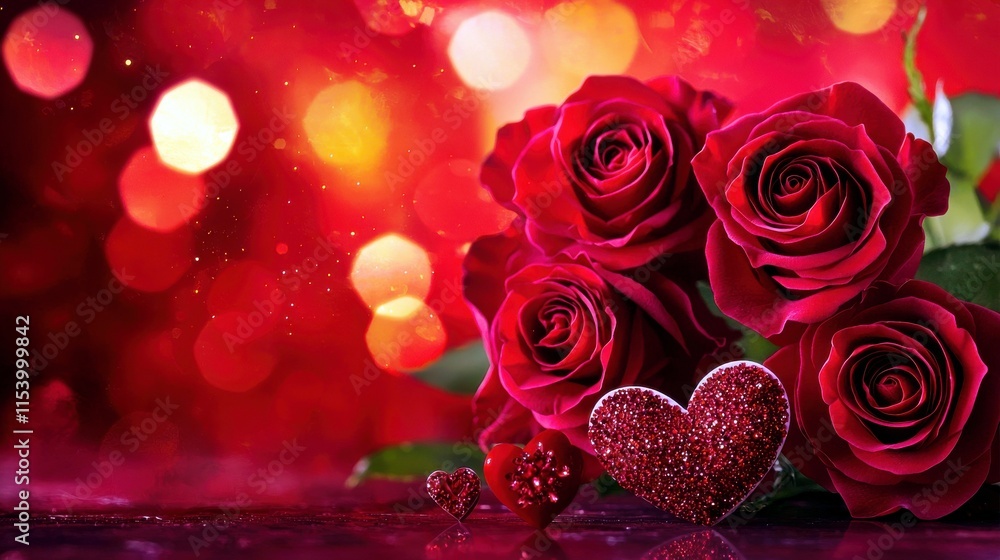 Romantic red roses with sparkling hearts on a vibrant background filled with soft bokeh lights, perfect for expressing love and affection in any setting. Romantic red roses with sparkling hearts on a vibrant background filled with soft bokeh lights, perfect for expressing love and affection in any setting.