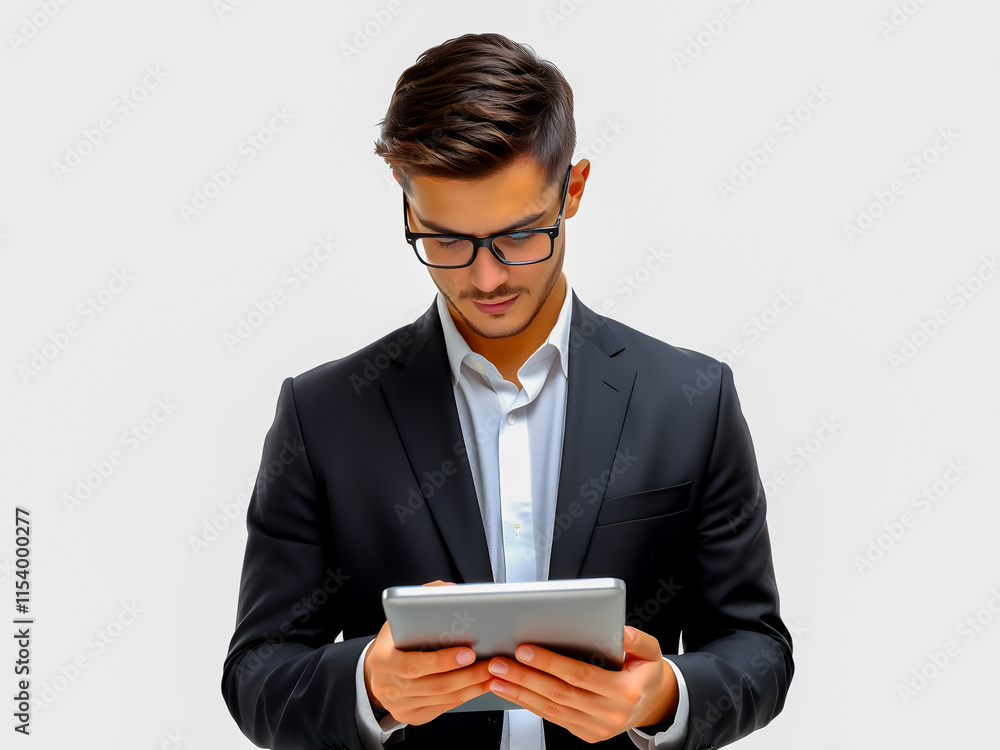 Handsome young businessman using tablet computer, isolated over white background