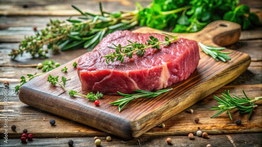 Aromatic Juicy Fillet Steak on a wooden cutting board surrounded by fresh herbs such as thyme Aromatic Juicy Fillet Steak on a wooden cutting board surrounded by fresh herbs such as thyme