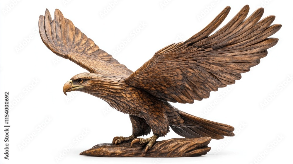 Intricate wooden eagle sculpture, wings spread, perched on wood base, isolated on white. Intricate wooden eagle sculpture, wings spread, perched on wood base, isolated on white.