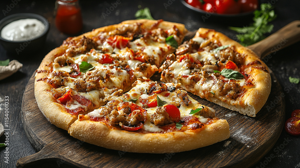 Sliced pizza with sausage and vegetables served on a wooden board at a rustic table Sliced pizza with sausage and vegetables served on a wooden board at a rustic table