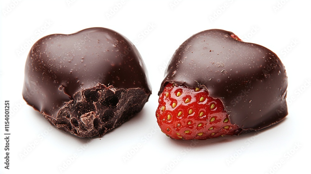 Two heart-shaped chocolates; one bitten, one covering a strawberry. Two heart-shaped chocolates; one bitten, one covering a strawberry.