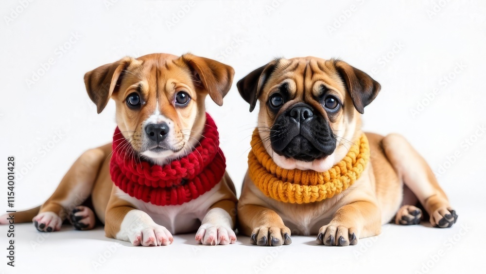 Charming dogs of different breeds (beagle, corgi, French bulldog) with warm scarves on their necks on a white background. Place for text. The concept of caring for animals during the cold season Charming dogs of different breeds (beagle, corgi, French bulldog) with warm scarves on their necks on a white background. Place for text. The concept of caring for animals during the cold season