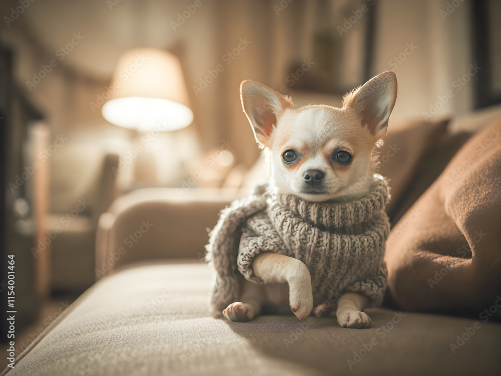 Cute chihuahua puppy wearing warm clothes sitting on sofa at home Cute chihuahua puppy wearing warm clothes sitting on sofa at home
