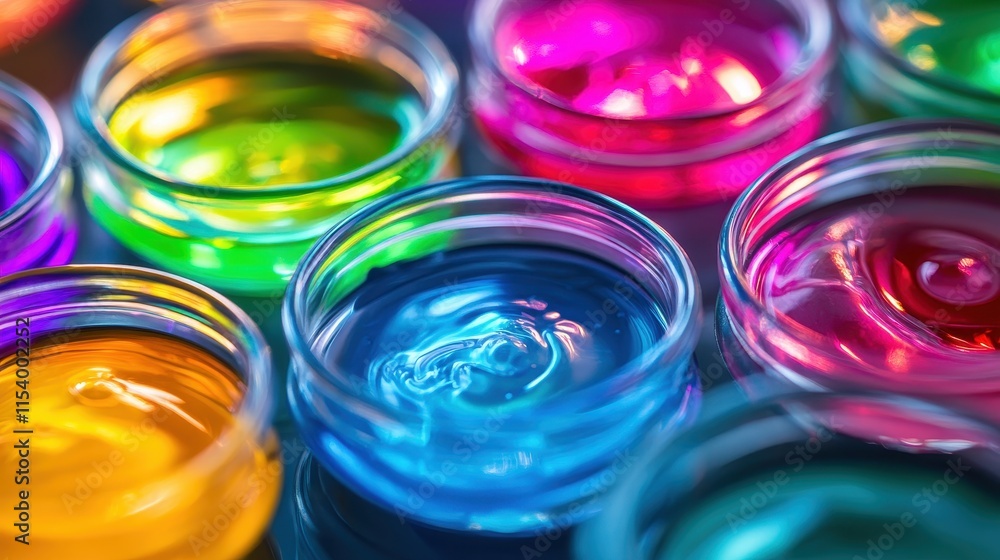 Detailed close-up of bright chemical liquids in small containers, their vivid colors illuminated softly as light reflects off the swirling, glossy surfaces. Detailed close-up of bright chemical liquids in small containers, their vivid colors illuminated softly as light reflects off the swirling, glossy surfaces.