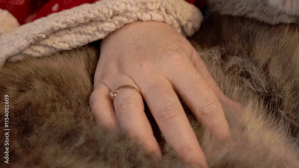 vidéo d'une jolie chienne akita bringé se faisant câliner par sa maitresse avec des mains pleines de tendresses, complicité maître-chien avec une couverture aux couleurs de noël vidéo d'une jolie chienne akita bringé se faisant câliner par sa maitresse avec des mains pleines de tendresses, complicité maître-chien avec une couverture aux couleurs de noël