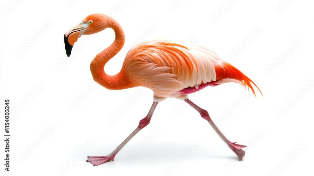 Obraz premium Pink flamingo walking on white background.
