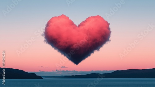 Heart-shaped cloud over calm water at sunset.