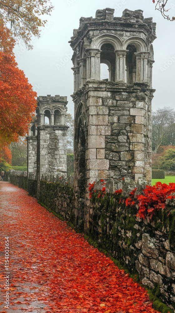 Fototapeta premium Ancient stone ruins stand gracefully within a garden, surrounded by vibrant autumn leaves creating a serene atmosphere