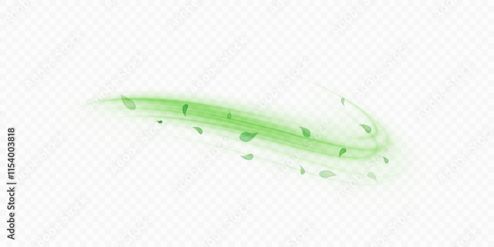Green air flow effect with flying mint, tea leaves. Bright green swirl isolated on white background PNG, vector abstract illustration for advertising, drinks, food and cosmetics.