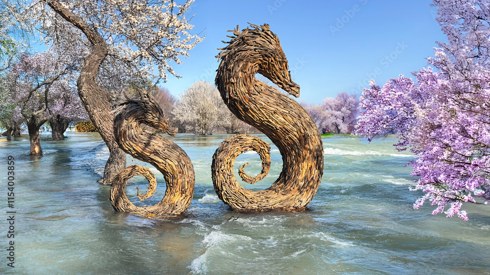 Fototapeta premium Sculptures made of wood, spring trees and cold river waters in Manavgat Waterfall