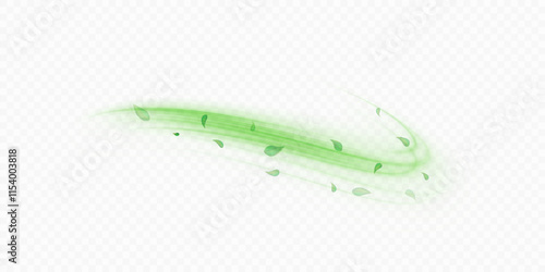 Green air flow effect with flying mint, tea leaves. Bright green swirl isolated on white background PNG, vector abstract illustration for advertising, drinks, food and cosmetics.