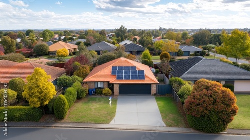 A neighborhood with houses and a solar panel on the roof of one of them