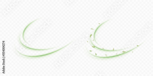Green air flow effect with flying mint, tea leaves. Bright green swirl isolated on white background PNG, vector abstract illustration for advertising, drinks, food and cosmetics.